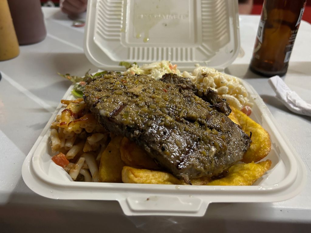 Tuna with plantain, macaroni pie, and pasta salad from Red Snapper at the Oistins Fish Fry
