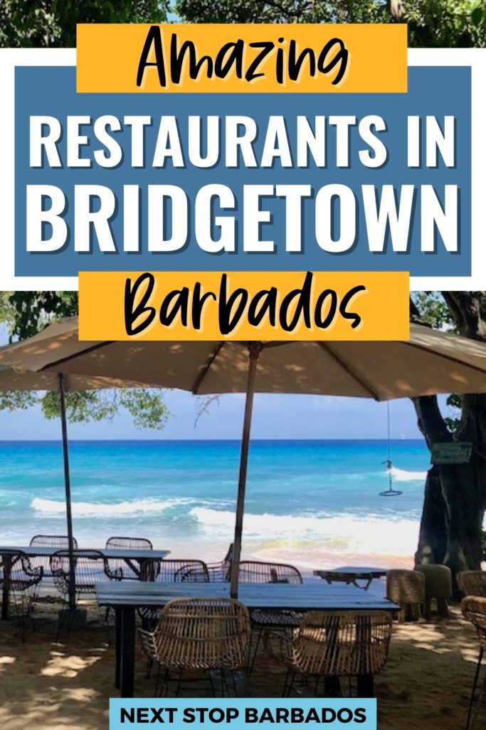 Beautiful beachfront restaurant with text overlay that reads "Amazing Restaurants in Bridgetown Barbados"