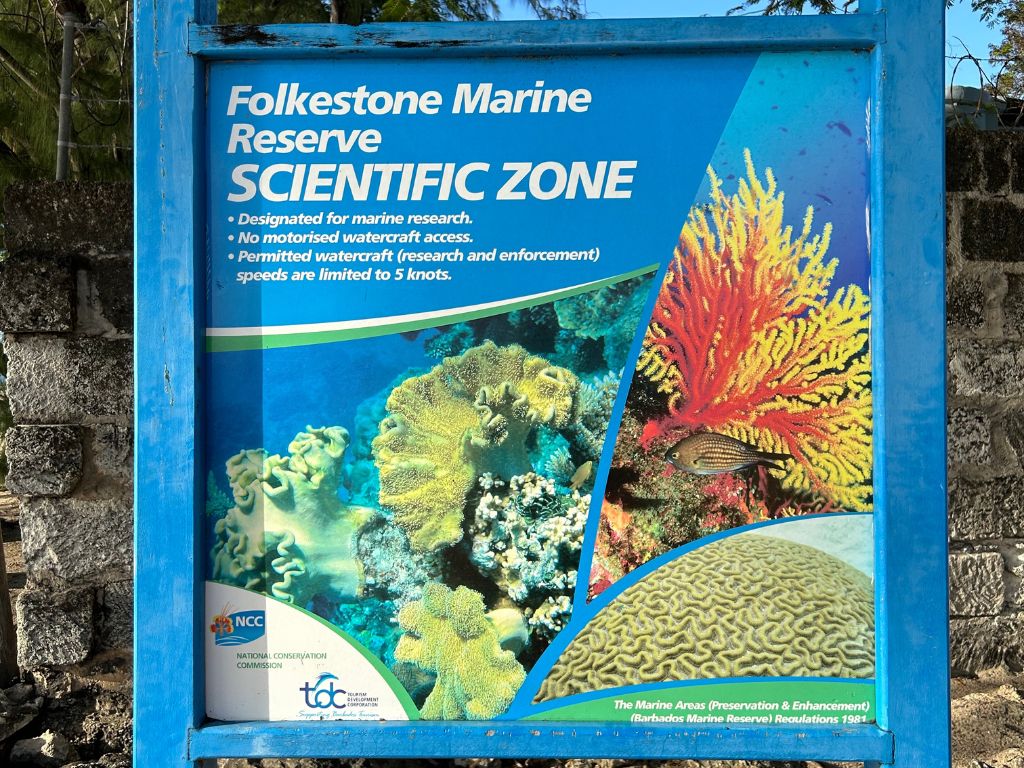 Folkestone Marine Park Barbados sign designating the area as a scientific zone