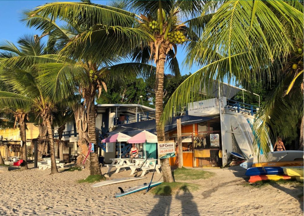beach shops where you can rent sup boards and kayaks under palm trees
