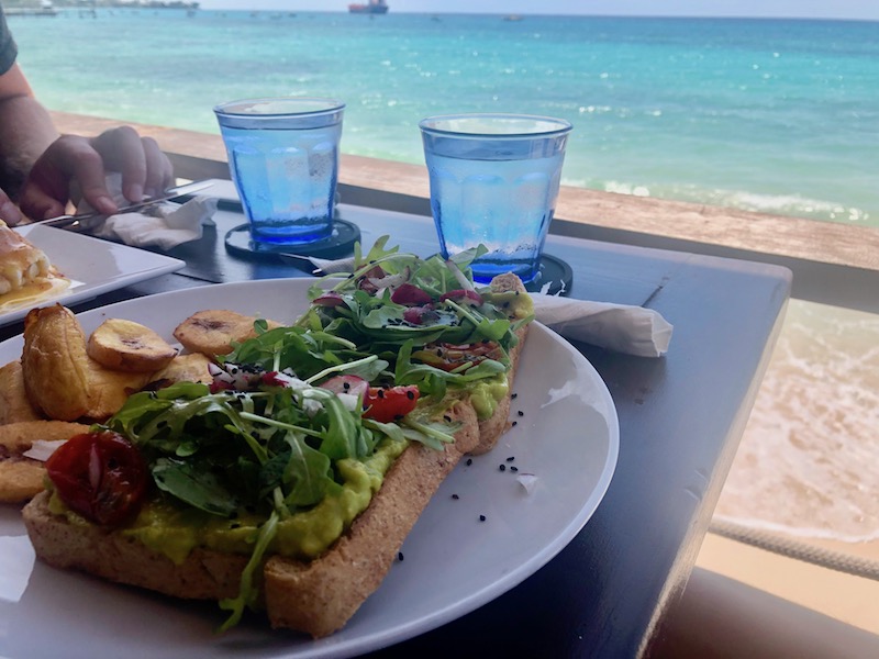 avocado toast and plantains at a table with a sea view 