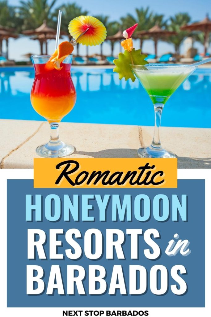 Two cocktails by the pool with a text overlay that reads Romantic honeymoon resorts in Barbados