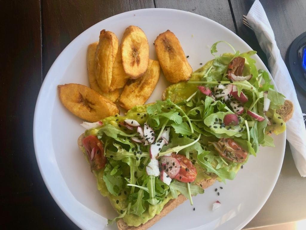 Avocado toast with plantains at Surfers Cafe, one of the best restaurants in Barbados