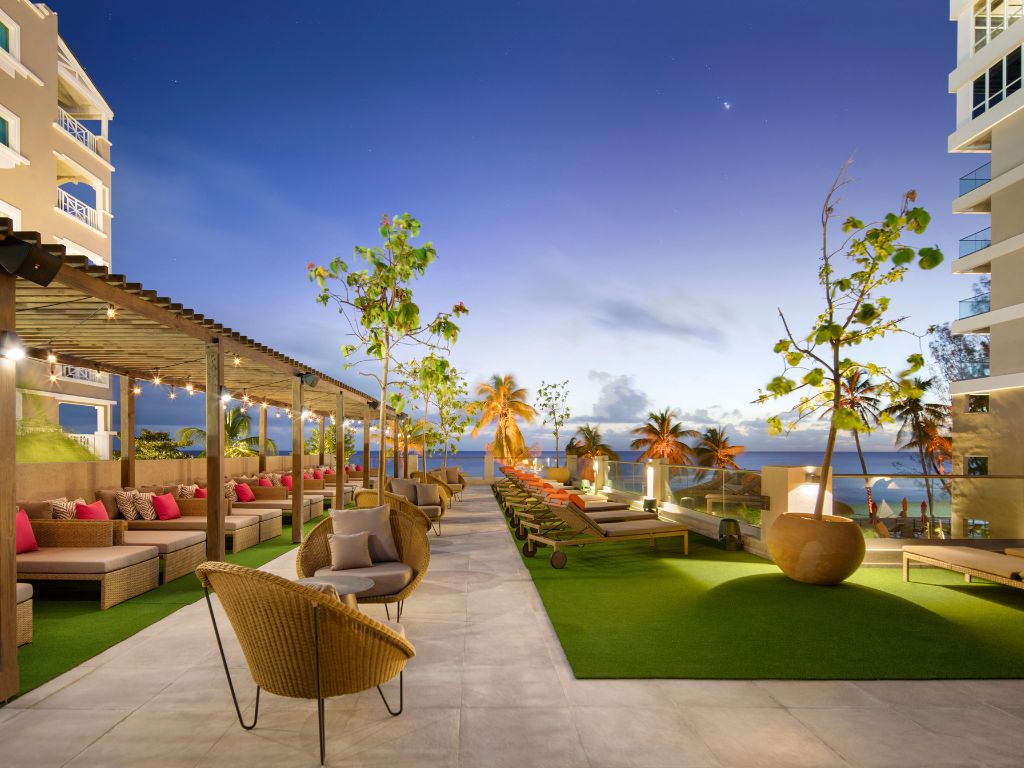 The sun terrace at O2 Beach Club and spa at sunset